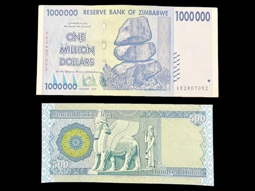 Iraq 500 Dinars 2004 Banknote & Zimbabwe 1 Million Dollar Currency Money Note