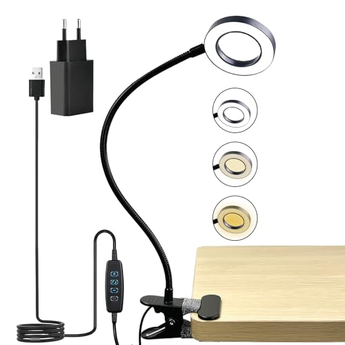 Luz Lectura, Lámpara de Lectura LED, Flexo LED Escritorio con Pinza, 3 Modos de Color Ajuste, 360° Flexible, con Adaptador, para Leer, Trabajar