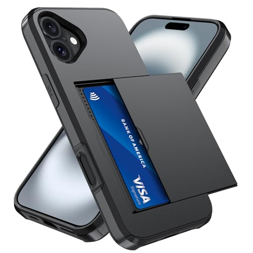 Qinmay Compatible with iPhone 16 Case with Card Holder Dual Layer Shockproof Heavy Duty Protective Hidden Slot Slim Wallet Phone Cover Black