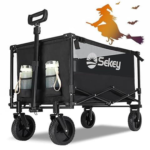 Sekey Składany wózek festiwalowy o dużej pojemności 150 kg, wytrzymały wózek kempingowy na plażę, zdejmowane koła terenowe, składany wózek z regulowanym uchwytem i uchwytami na napoje, czarny