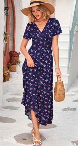 Image of WNEEDU Women's Summer Maxi Dress Short Sleeves Wrap V Neck Long Dresses with Pockets