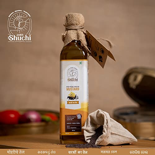 Image of SHUCHI WOOD PRESSED MUSTARD OIL - 500 ML I ORGANIC COLD PRESSED MUSTARD OIL WITH NO PRESERVATIVES I VIRGIN & NATURAL HEALTHY COOKING OIL EXTRACTED USING LAKDI GHANI /KACCHI GHANI /CHEKKU METHOD.