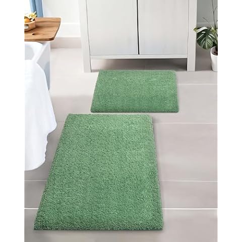 ILANGO 2 Piece Bathroom Rugs Bath Mat Set, Dries Quickly,Non Slip Fluffy Shaggy Bath Washable Mats Set for Bathroom,Tub(Green, 17" x 24" + 24" x 36") Cover