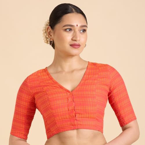 Image of Studio Shringaar Women Cotton Half Sleeve Madras Checks Saree Blouse with Stretchable Sides
