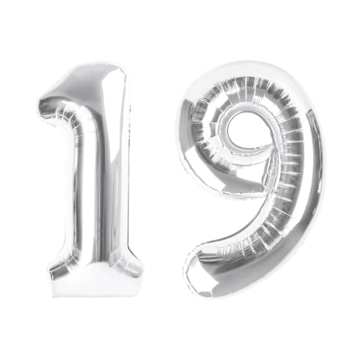 Image of Number Balloons Silver 19 Balloon 40 inch for 19 Birthday Party Decoration | Saturated Color, Large 40 inch, With Straw & Hanging Hole, For Back-To-School Season, Anniversary, Christmas, New Year