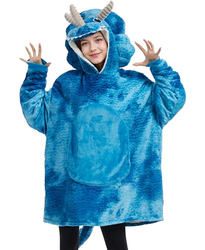 Hrxcrzco Adult Tie-dye Triceratops Costume Comfy&Warm Triceratops Pajamas Triceratops Pullover Hoodie Sweatshirt Halloween Christmas Costume Blue