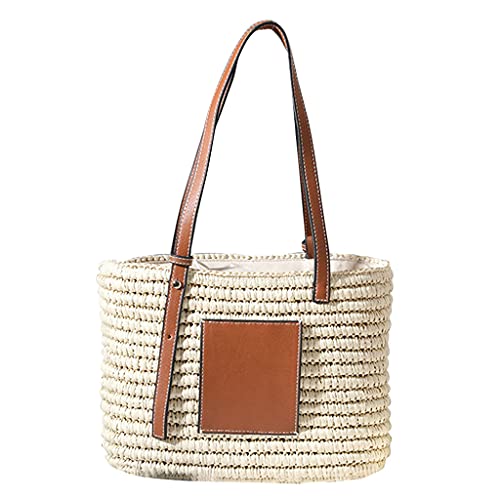 Bolso de mano para mujer de lona de gran capacidad para mujer, bolso de paja tejido con asa de piel sintética, bolso de mano, bolso de mano beige (color: beige) (color: beige, tamaño: como se