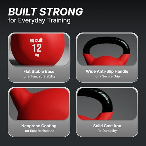 Image of Cult 12kg Neoprene Anti-Slip Grip Colored Kettlebell for Home Workout - Red
