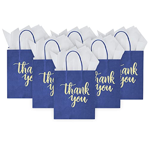 Image of DjinnGlory 50 Pack Medium Navy Thank You Gift Bags with Handles 10x8x4 Inch, Nautic Blue Paper Bags and White Tissue Paper for Small Business, Graduation, Wedding, Bridal Baby Shower Party Favors