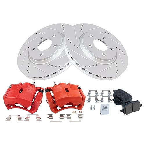 Image of TRQ Performance Front Brake Pad and Rotor Set Ceramic Coated Drilled | For 2004-2008 Chevrolet Malibu 2006-2007 Pontiac G6