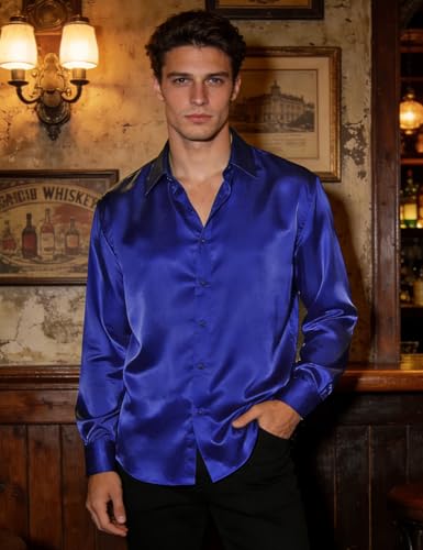 Image of Hi-Tie Men's Silk Satin Dress Shirts Long Sleeve Shiny Casual Button Up Shirts Luxury Party Disco Prom Wedding Shirt