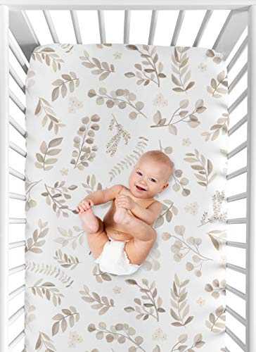 Image of Sweet Jojo Designs Fitted Baby Crib Sheets (Boho Taupe Floral Leaf) for Girls & Boys, Infant Nursery, Toddler Bed Room - Standard Size Mattress (Bohemian, Watercolor Botanical, Tropical Garden, Beige)