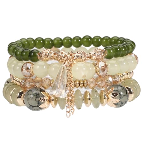Nexoluxa Boho Stackable Jewelry Bracelets for Women 4 Pcs Beaded Stretch Stacking Charm Crystal Bracelet Set Friendship Gifts, Beige