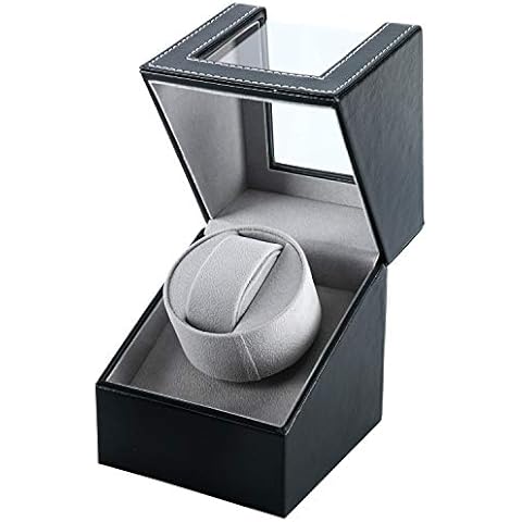 Homend Single Watch Winder in Black Leather, Quiet Japanese Mabuchi Motor, Battery (not Included) Powered or AC Adapter Cover
