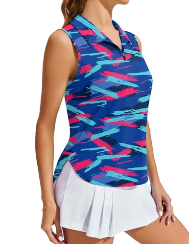 Image of PINSPARK Women Golf Shirts Sleeveless UPF 50+ Tennis Polo V-Neck Quick Dry Athletic T Shirt 1 /4 Zip Collar Workout Tank Top
