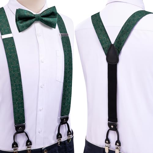 Image of Hi-Tie Dark Green Floral Suspender and Bow Tie for Men Adjustable Y Shape Strong Clips Braces Matching Pre-Tied Bow Tie Set for Daily Dress