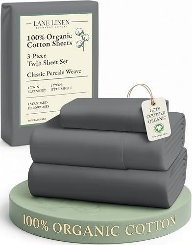 Image of LANE LINEN 100% Organic Cotton 3Pc Bed Sheets Twin Size, Classic Percale Weave, Soft & Comfy Fully Elasticized Naturally Cooling Cotton Sheets, Low Pill Machine wash Twin Sheet Set- Charcoal