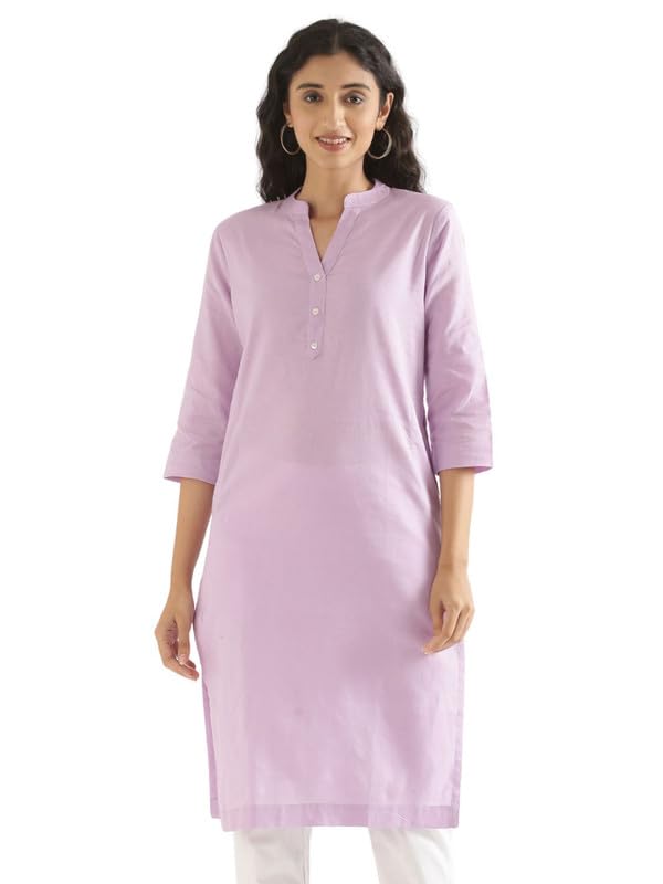 Image of SAADAA Women's Linen Straight Fit Straight Long Kurta Airy Plain Kurta, 3 /4 Sleeve, Knee Length Kurtis with Pockets, Casual and Office Wear