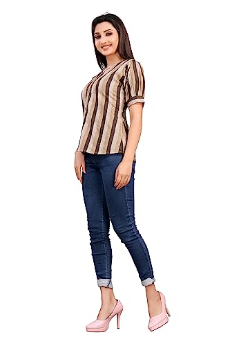 Image of Casual Roll Up Sleeves Striped Women Cotton Brown Shirt