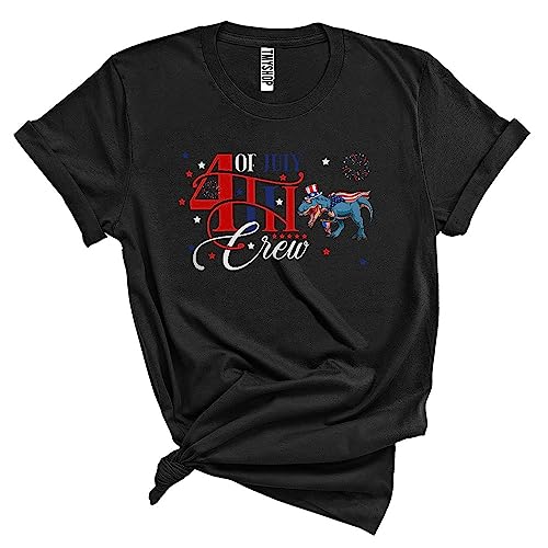 T Rex Wearing Patriotic Hat 4th of July Crew Cool Fireworks Dinosaur Lover Friends Family Group Unisex T-Shirt Black