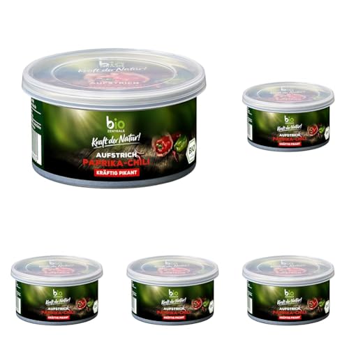 biozentrale Aufstrich Paprika-Chili | 125 g | vegan, gluten- und laktosefrei | kräftig pikanter Brotaufstrich mit Nährhefe | lecker auf Brot, Reis- & Maiswaffeln sowie Knusperbrot (Packung mit 5)