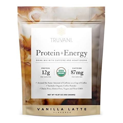Truvani Protein + Energy Drink Mix with 87mg Caffeine | Vanilla Latte | 12g Organic Plant Based Protein | 20 Servings | USDA Organic Coffee Powder & Adaptogens | Gluten & Dairy Free | Vegan | Non-GMO Cover