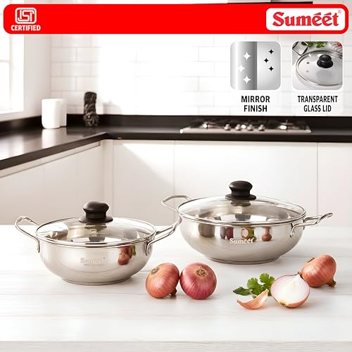 Image of Sumeet ISI Certified Stainless Steel Kadai with Glass Lid & Encapsulated Heavy Bottom |Induction and Gas Compatible |Set of 2 Pcs | 1.5Ltr & 2.3Ltr Capacity - 20 & 24cm Dia, Silver