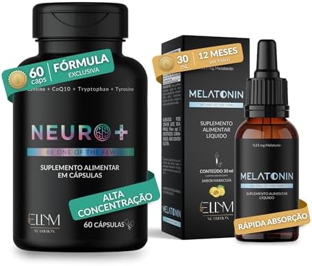 Kit Neuro+ Nootropico + Melatonina Gotas Sublingual ELLYM NUTRITION Multivitaminico Dia e Noite Triptofano Taurina Vitamina B12