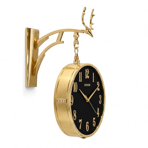 Image of Double Sided Wall Clock Sturdy Frame, Easy Read Two Faces Station Clock for Garden Home Decor Indoor Outdoor Living Room Study Wall Decoration (W4-Gold)