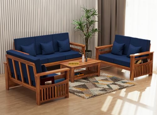Image of Sheesham Wooden 7 Seater Sofa for Living Room | Rosewood 7 Seater Cushion Sofa Side Half Moon Rack | Solid Wood Sofa Set for Lounge (-3+2+2,Honey Finish)