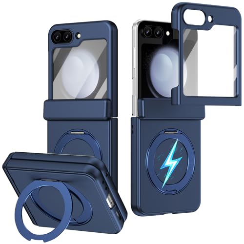 Étui magnétique pour Samsung Z Flip5 bleu avec support anneau et protection charnière