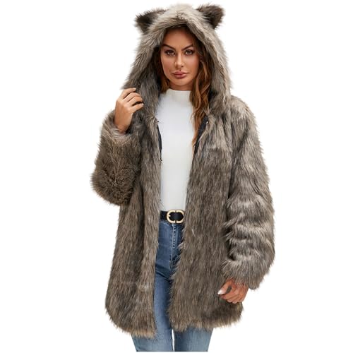 XUNRYAN Womens Faux-Fur Coat Winter Warm Jacket Hooded with Cute