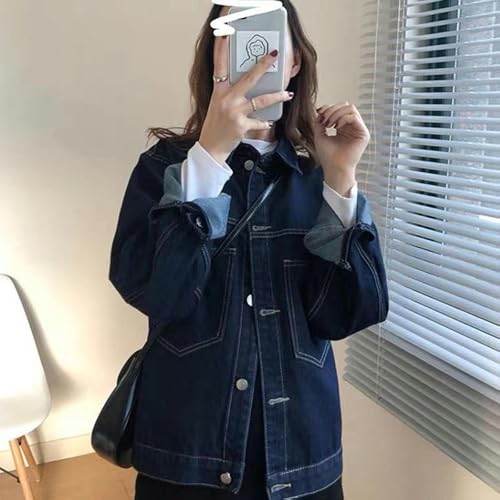 Dark Blue Denim Jacket for Women with Visible Stitching, All-Match Jacket Tops - Blue - M2