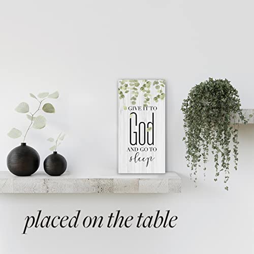 Rustic Wood Sign Home Farmhouse Wall Hanging Decor Inspirational Eucalyptus Wooden Wall Art Decor Decorative Plaque Sign for House Family Living Room Bedroom Decor Give It to God And Go to Sleep