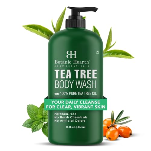 Botanic Hearth Tea Tree Body Wash, 16 Fl Oz (473 ml) | Enriched with Tea Tree Oil, Peppermint & Sea Buckthorn | Gently Cleanses, Refreshes & Nourishes Skin | Sulfate & Paraben Free | for Men & Women