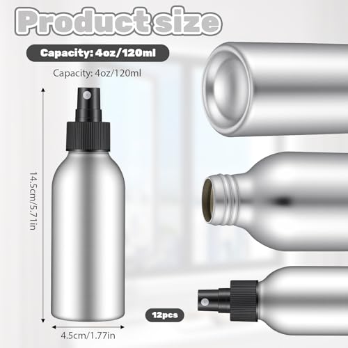 12 Pack Aluminum Spray Bottles 4 Oz Fine Mist Spray Bottles for Travel, Cosmetic, Perfume, Toner, Essential Oil Storage, Leak Proof Metal Small Refillable Bottle2