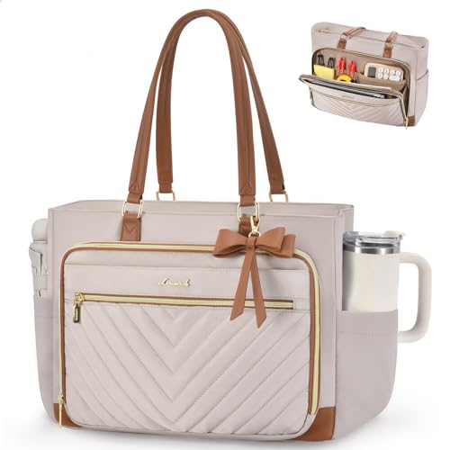 Image of LOVEVOOK 17 Inch Laptop Teacher Tote Bag for Women, Work Nurse Bag with Large Cup Holder, Quilted Diaper Bag for Travel, Computer Women's handbags for Teacher gift, Apricot-brown
