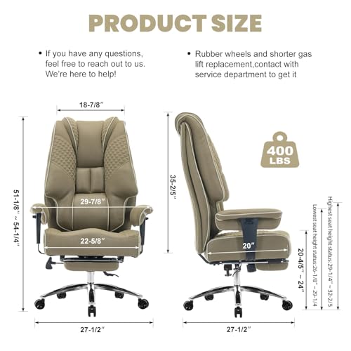 Image of EXCEBET Big and Tall Office Chair 400lbs Wide Seat, Leather High Back Executive Office Chair with Lumbar Support, Ergonomic Chairs Padded Armrests & Thick Cushion (Mesh Green)