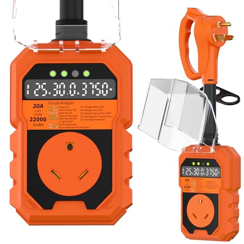 22000J RV Surge Protector 30 Amp with Auto Shutoff & Reset LED Display Real-Time Circuit Analyzer for Camper Travel Trailers RV Adapter Plug with Waterproof Cover