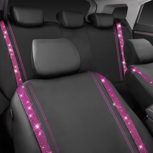 Car Pass Bling Car Seat Covers Full Set, Shining Rhinestone Diamond Waterproof Faux Leather, Rear With Zipper, Universal Fit 95% Automotive Glitter Crystal Sparkle Strips For Women Girl, Black Pink #TOP3