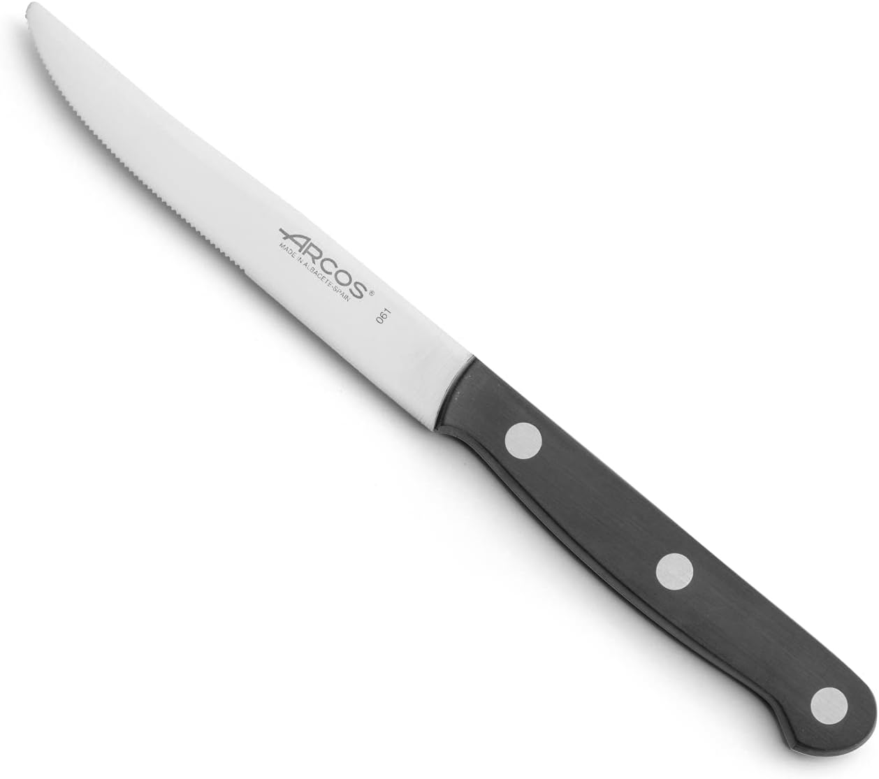 Arcos Serrated 5 Inch Steak Knife in Stainless Steel. Professional Cooking Knife For Cutting Variety of Foods. Ergonomic Polyoxymethylene POM Black and Gold Handle. Regia Series