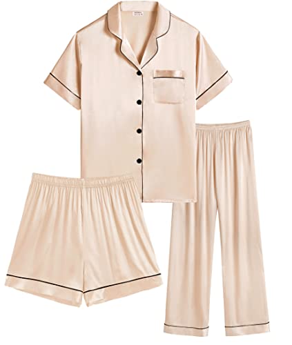 SWOMOG Women 3 PCS Silk Satin Pajama Set Short Sleeve Pjs Set Button Down Sleepwear Bridal Lounge Sets Shorts and Capri Pants