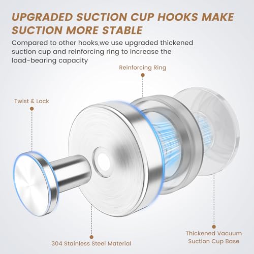Image of BKV Suction Cup Hooks for Glass Window,Removable Shower Hooks for Inside Shower,Metal Towel Hooks for Bathrooms,2 Pack(Silver)