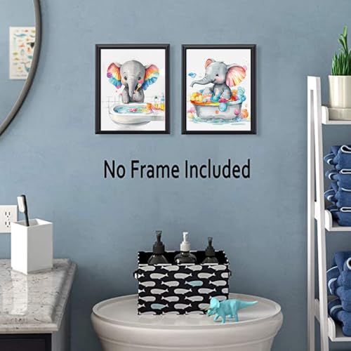Image of TANXM Kids Bathroom Art Set, Funny Elephant Calf Bathroom Toilet Wall Decor, Baby Elephant Bathroom Rules Art Print for Nursery Kids, Wash Brush Flush Bath Sign Poste,Set of 4 (8 inchX10 inch, Unframed