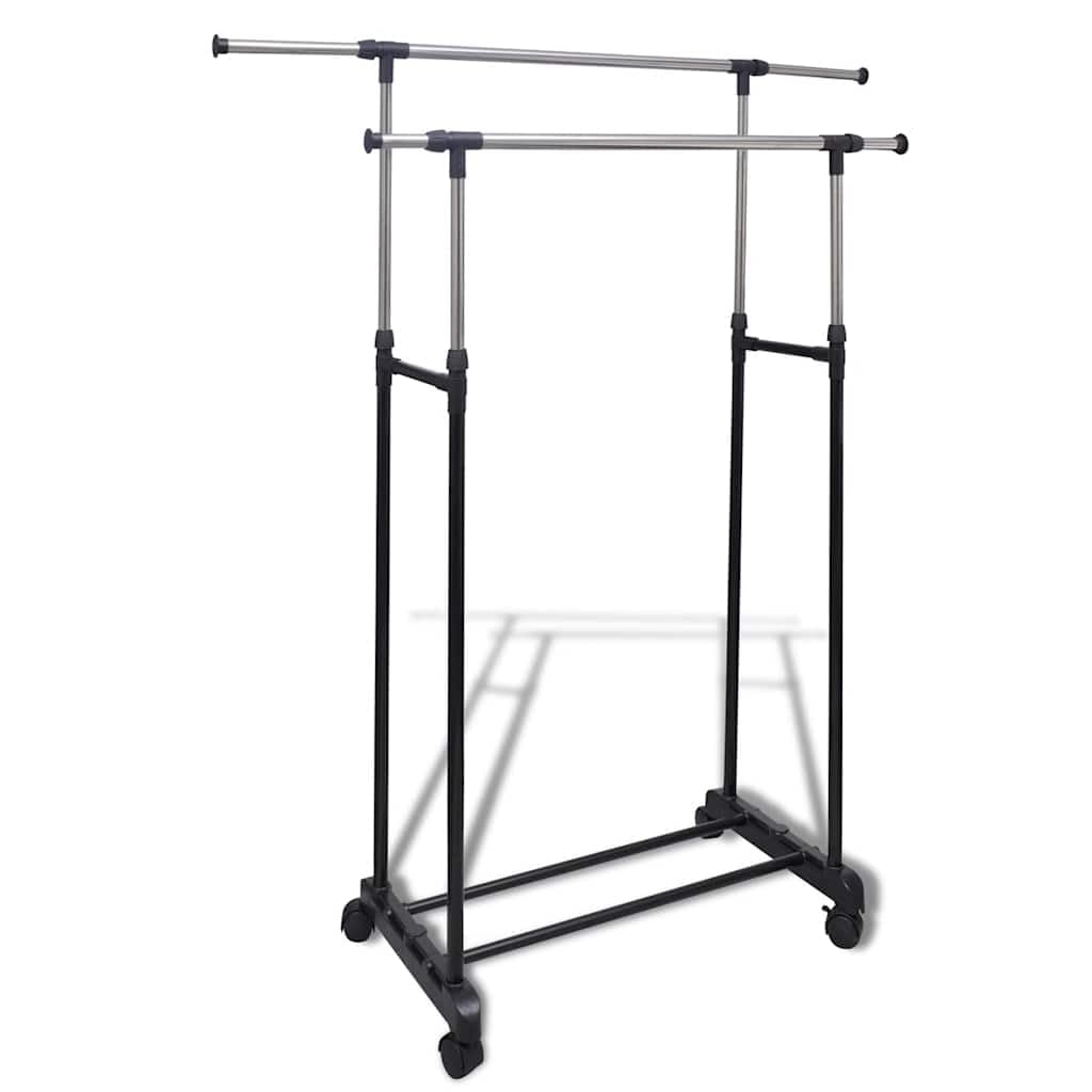 Verstellbarer Kleiderständer aus Edelstahl mit 4 Rollen, 2 ausziehbaren Kleiderstangen bis 150 cm, höhenverstellbar 108-170 cm, rollbar und klappbar