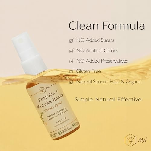 Image of Propolis Throat Spray with Manuka Honey & Bee Propolis By Mel Honey, Soothing Throat Comfort, Immune Support, Gluten-Free, Alcohol-Free, Non-GMO, Keto, 1.01 fl oz