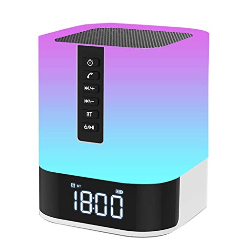 Nachttischlampe, 5 in 1 LED-Schreibtischlampe mit Bluetooth-Lautsprecher 12 / 24h Digitalkalender Wecker 48 Farben & 2000mAh Batterie