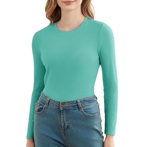 SanaRazo Cotton Long Sleeve T Shirts for Women Ribbed Knit Basic