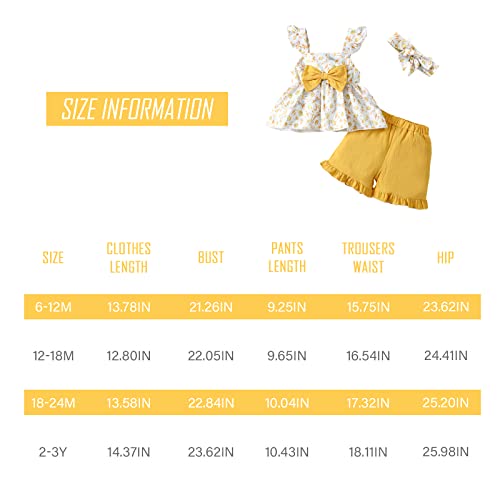 ROMPERINBOX Toddler Baby Girl Summer Outfits Floral Ruffle Sleeveless Tank Top Linen Shorts Set+ Headband 3Pcs(Yellow, 2-3 Years)