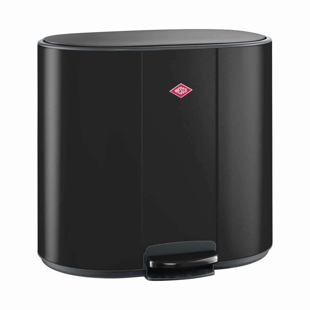WESCO Multicollector 2 Tretabfalleimer mattschwarz aus pulverbeschichtetem Stahlblech, 2x 25 Liter Kunststoffbehälter, Metall-Fußtritt, praktischer Handgriff, Geruchsfilter, Deckelarretierung